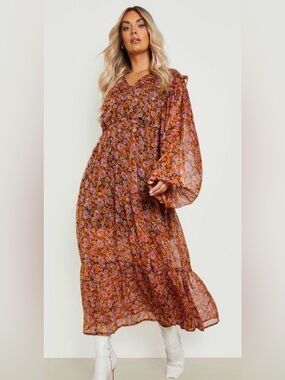Retro Floral Boho Chiffon Puff Statement Sleeve Maxi Dress Size 20 Boho